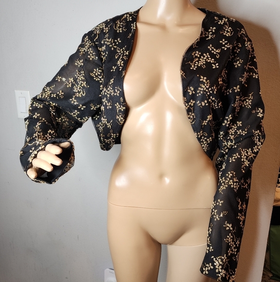 Alyssa Metallic Gold Black Mesh Shrug Jacket Open Front Crop Long Sleeve XXL - Picture 4 of 15